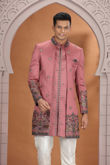 Pink Art Silk Wedding Wear 3 Piece Indo Western For Men