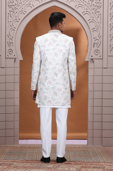 White Art Silk Fabric Readymade 3 Piece Indo Western For Men