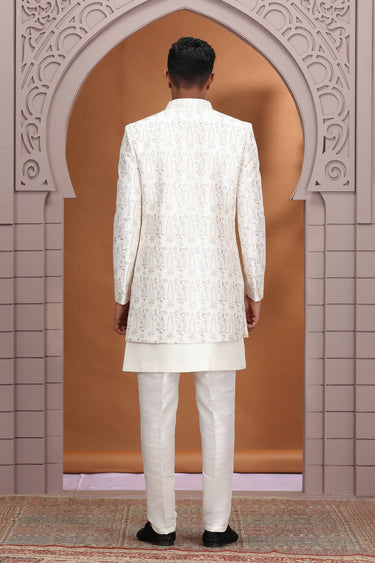 Art Silk Off White Wedding Wear 3 Piece Indo Western For Men
