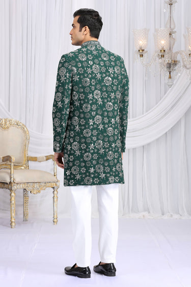Art Silk Embroidered Teal Readymade Indo Western For Men