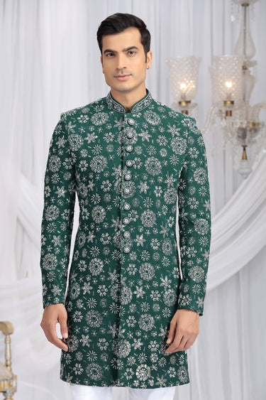 Art Silk Embroidered Teal Readymade Indo Western For Men