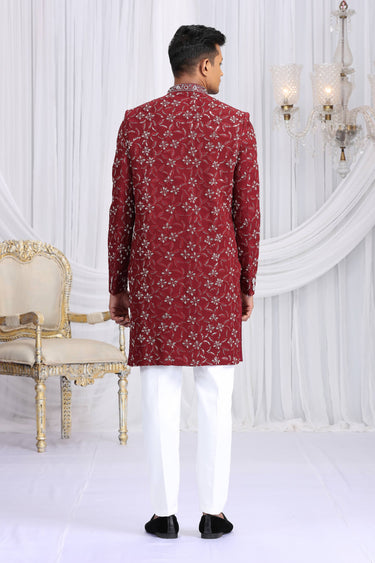 Maroon Art Silk Fabric Readymade Indo Western For Men