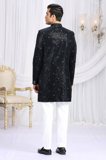 Velvet Silk Fabric Dark Teal Wedding Wear Indo Western For Men