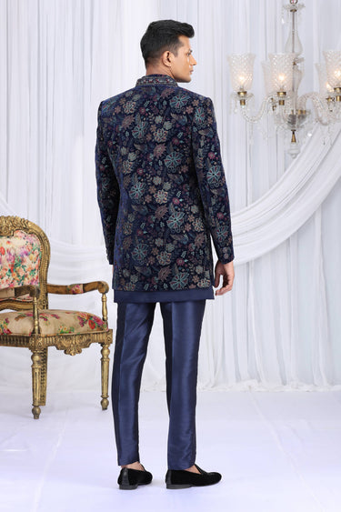 Navy Blue Embroidered Readymade Indo Western For Men