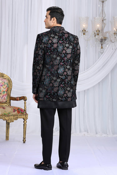 Embroidered Velvet Silk Black Wedding Wear Indo Western For Men