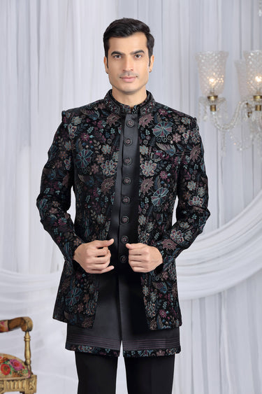 Embroidered Velvet Silk Black Wedding Wear Indo Western For Men