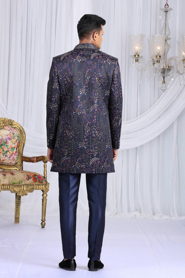 Art Silk Fabric Navy Blue Readymade Indo Western For Men