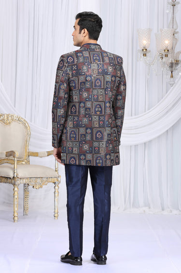 Navy Blue Velvet Silk Readymade Indo Western For Men
