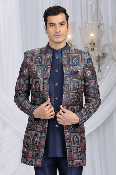 Navy Blue Velvet Silk Readymade Indo Western For Men