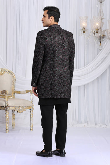 Velvet Silk Fabric Black Wedding Wear Indo Western For Men