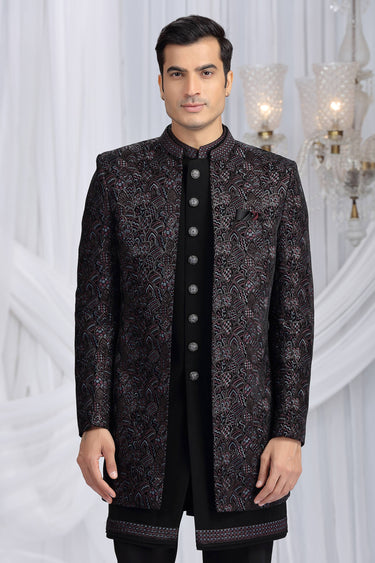 Velvet Silk Fabric Black Wedding Wear Indo Western For Men