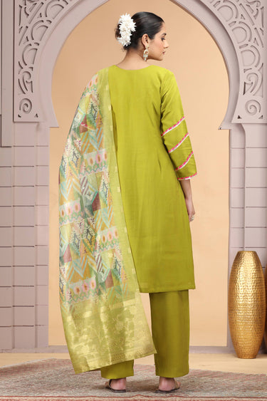 Mehendi Green Readymade Designer Salwar Kameez With Jacquard Dupatta