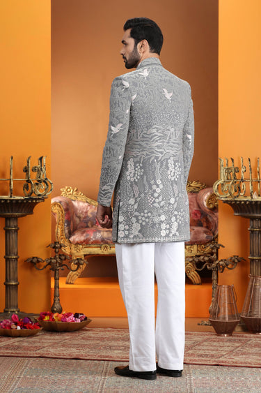 Grey Wedding Wear Art Silk 3 Piece Indo Western For Men