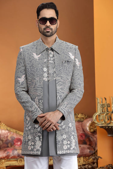 Grey Wedding Wear Art Silk 3 Piece Indo Western For Men