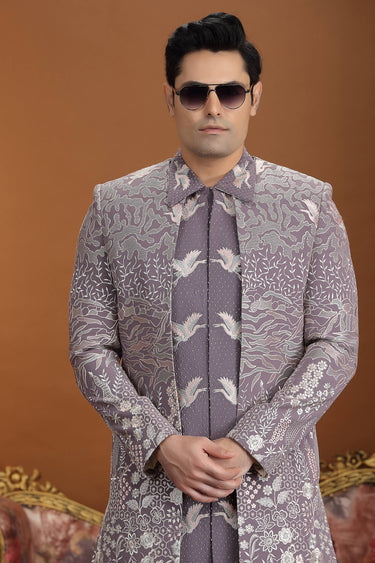 Embroidered Art Silk Purple 3 Piece Indo Western For Men