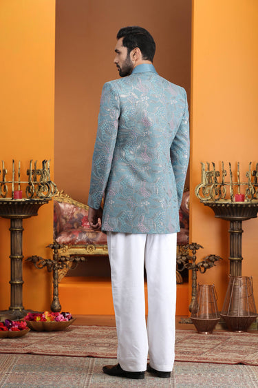 Art Silk Sky Blue Wedding Wear 3 Piece Indo Western For Men