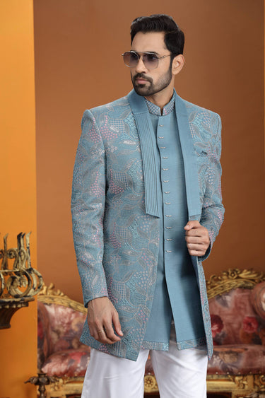 Art Silk Sky Blue Wedding Wear 3 Piece Indo Western For Men