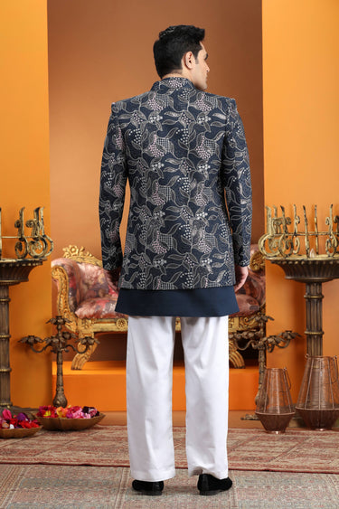 Navy Blue Wedding Wear Embroidered 3 Piece Indo Western For Men