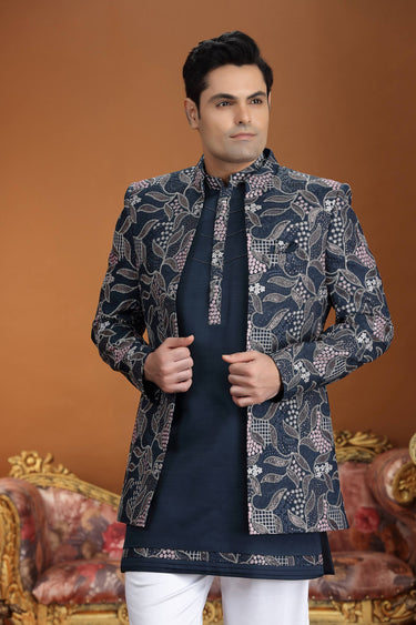 Navy Blue Wedding Wear Embroidered 3 Piece Indo Western For Men