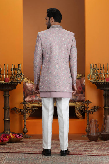 Embroidered Pink Wedding Wear 3 Piece Indo Western For Men