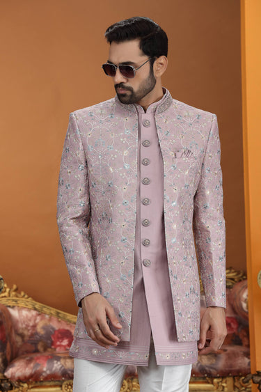 Embroidered Pink Wedding Wear 3 Piece Indo Western For Men