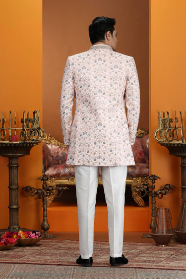 Peach Art Silk Wedding Wear 3 Piece Indo Western For Men