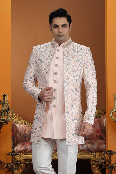 Peach Art Silk Wedding Wear 3 Piece Indo Western For Men