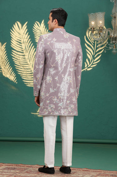 Embroidered Art Silk Lavender Wedding Wear 3 Piece Indo Western For Men