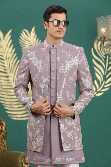 Embroidered Art Silk Lavender Wedding Wear 3 Piece Indo Western For Men