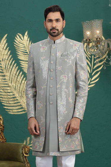 Art Silk Fabric Grey Wedding Wear 3 Piece Indo Western For Men