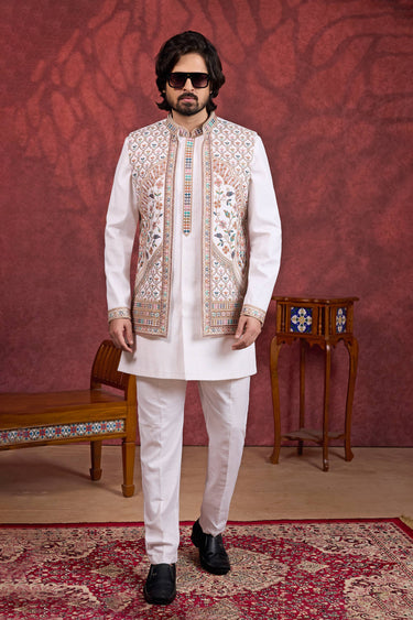 Art Silk Off White Function Wear Kurta Pyjama With Jacket For Men