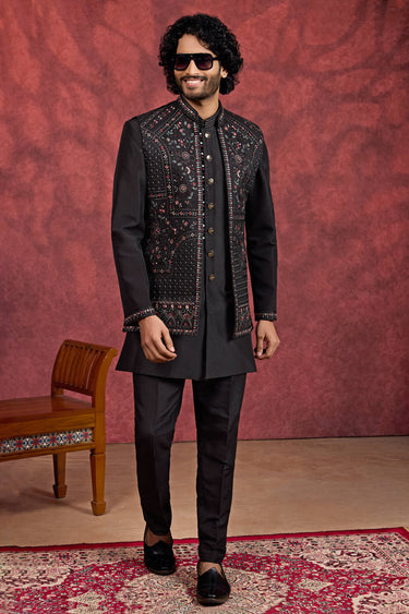 Black Art Silk Readymade Men Kurta Pyjama With Jacket