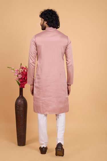 Embroidered Art Silk Pink Festive Wear Kurta Pyjama For Men
