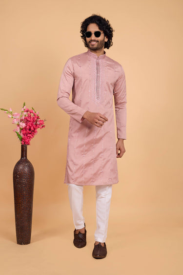Embroidered Art Silk Pink Festive Wear Kurta Pyjama For Men
