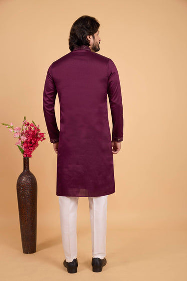 Art Silk Embroidered Wine Festive Wear Kurta Pyjama For Men