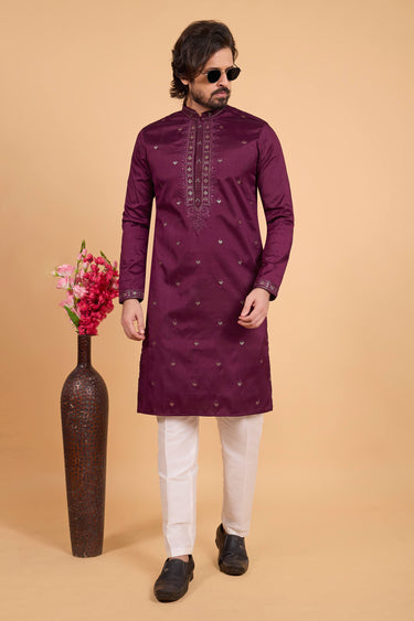 Art Silk Embroidered Wine Festive Wear Kurta Pyjama For Men