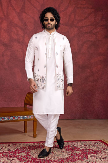 Art Silk Off White Wedding Wear Readymade Kurta And Aligadhi Pant For Men