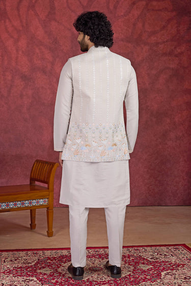 Grey Art Silk Fabric Readymade Kurta And Aligadhi Pant With Embroidered Jacket For Men