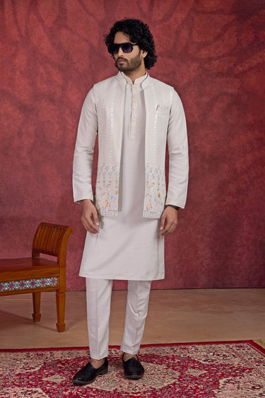 Grey Art Silk Fabric Readymade Kurta And Aligadhi Pant With Embroidered Jacket For Men