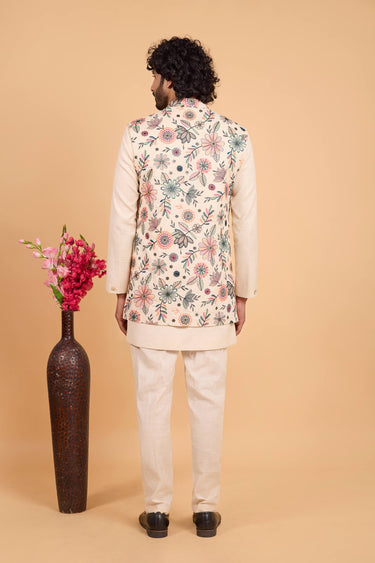 Beautiful Cream Art Silk Wedding Wear Readymade Kurta And Aligadhi Pant With Embroidered Jacket Men