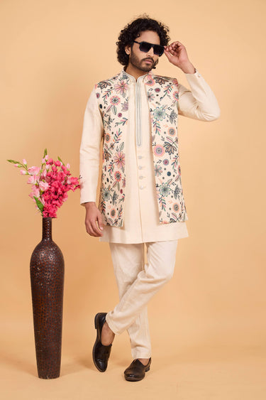 Beautiful Cream Art Silk Wedding Wear Readymade Kurta And Aligadhi Pant With Embroidered Jacket Men