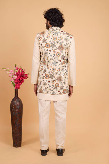 Art Silk Fabric Cream Wedding Wear Readymade Kurta And Aligadhi Pant For Men