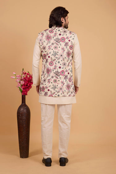 Art Silk Cream Wedding Wear Readymade Kurta And Aligadhi Pant With Embroidered Jacket