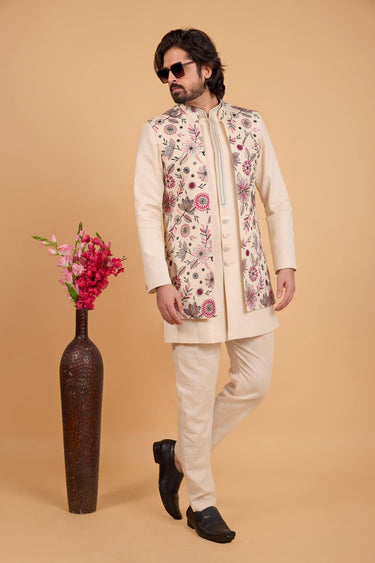 Art Silk Cream Wedding Wear Readymade Kurta And Aligadhi Pant With Embroidered Jacket