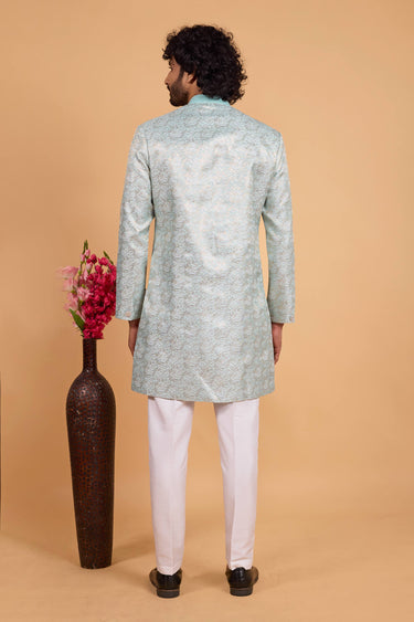Light Cyan Wedding Wear Zari Weaving Work Design Readymade Indowestern And Aligadhi Pant For Men