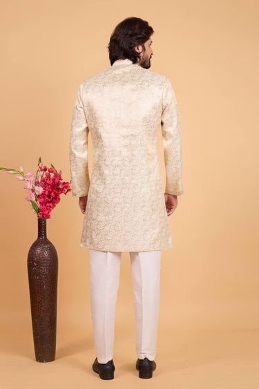 Art Silk Beige Zari Weaving Work Design Readymade Indowestern And Aligadhi Pant For Men
