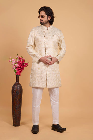 Art Silk Beige Zari Weaving Work Design Readymade Indowestern And Aligadhi Pant For Men