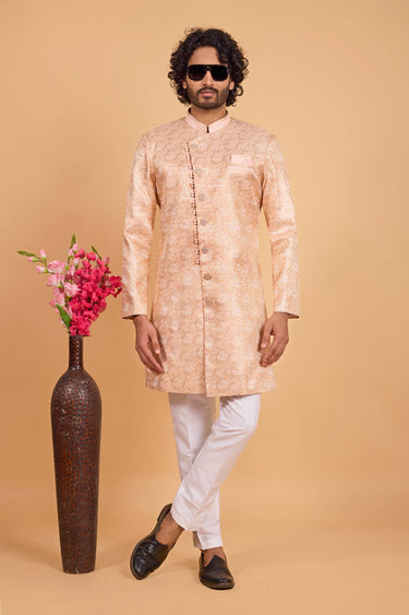 Peach Art Silk Wedding Wear Readymade Indowestern And Aligadhi Pant For Men