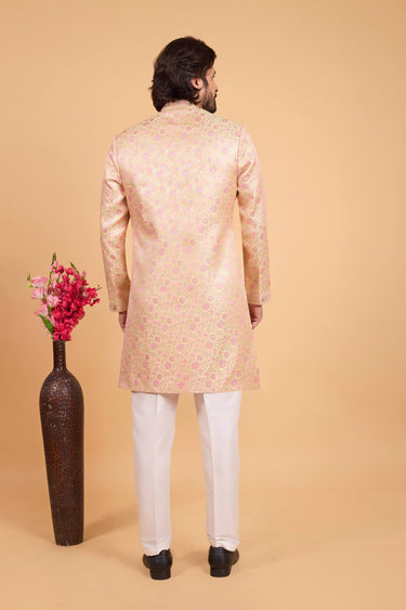 Cream Wedding Wear Zari Weaving Work Design Readymade Indowestern And Aligadhi Pant For Men