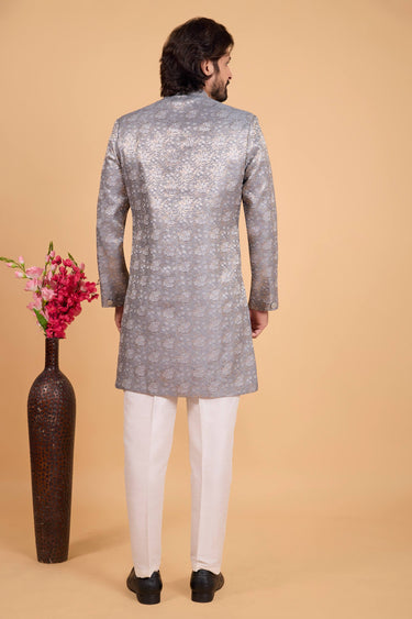 Art Silk Grey Wedding Wear Readymade Indowestern And Aligadhi Pant For Men
